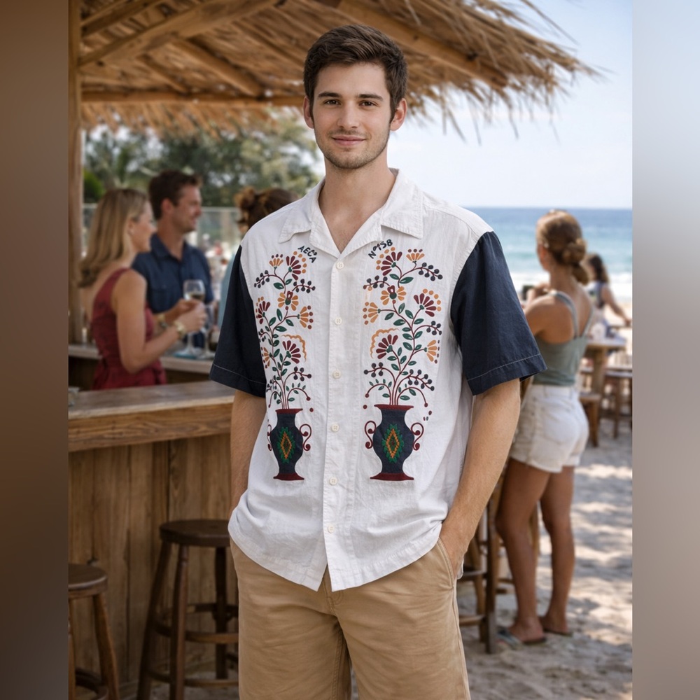 AECA Egyptian Flower Bottle Unisex Cabana Camp Shirt White Navy Blue Size M